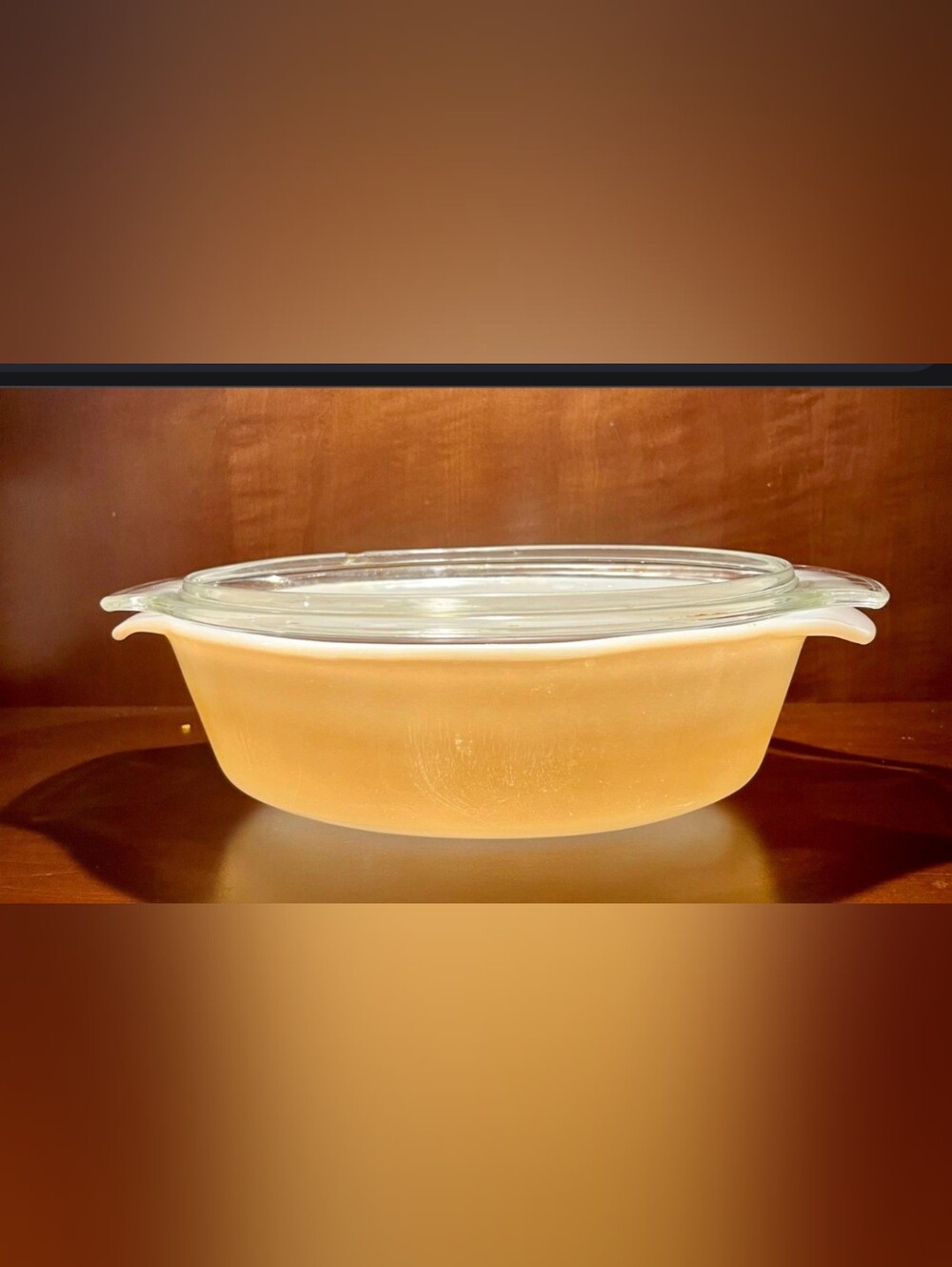 Fire King Peach Glass Casserole with Clear Lid